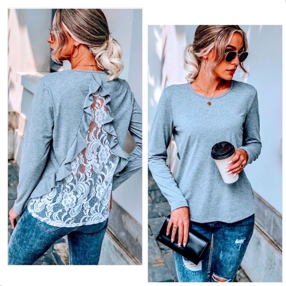 NWT! CONTRAST LACE INSERT RUFFLE TRIM TEE! - Picture 7 of 12